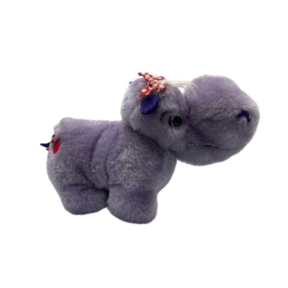 Vintage 1983 R Dakin Purple Hippo Plush Polka Dot Bows Red Heart 9 Inch